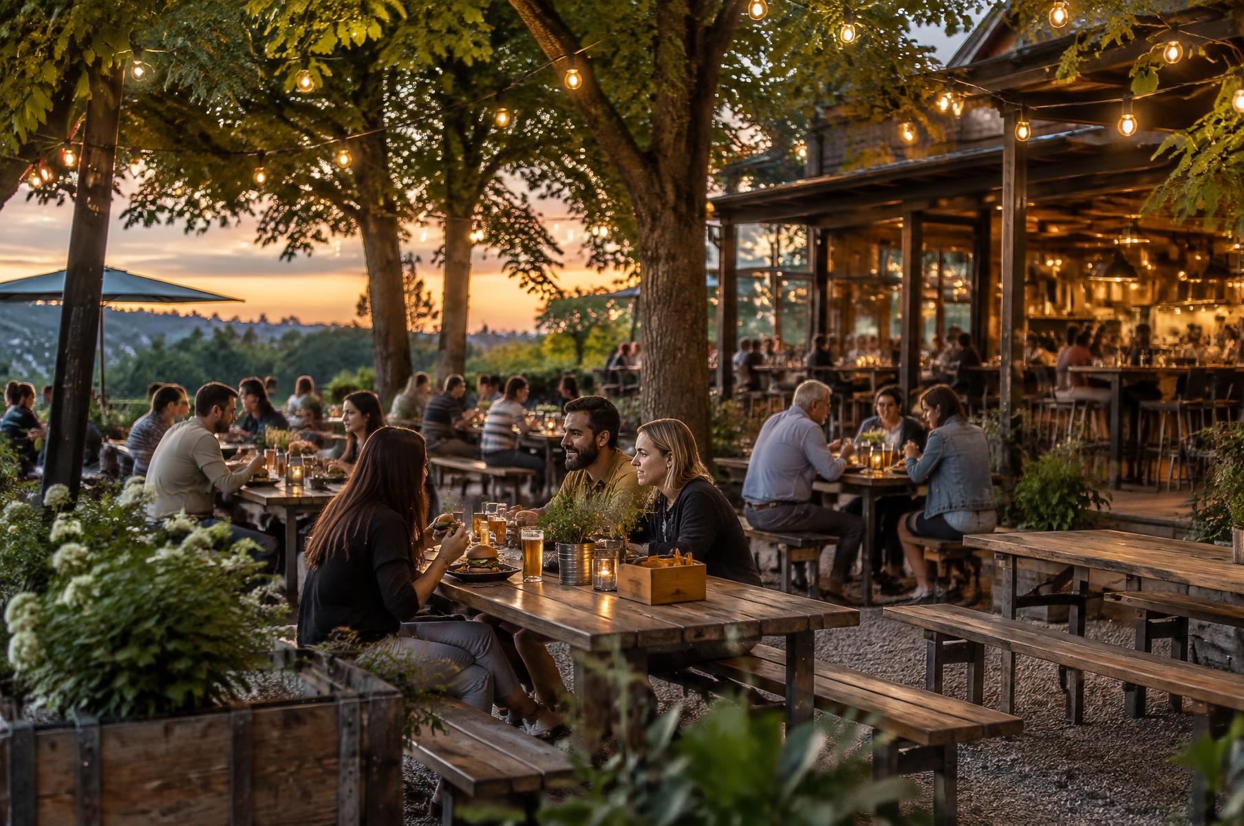 Biergarten mit Gästen an einem Sommerabend